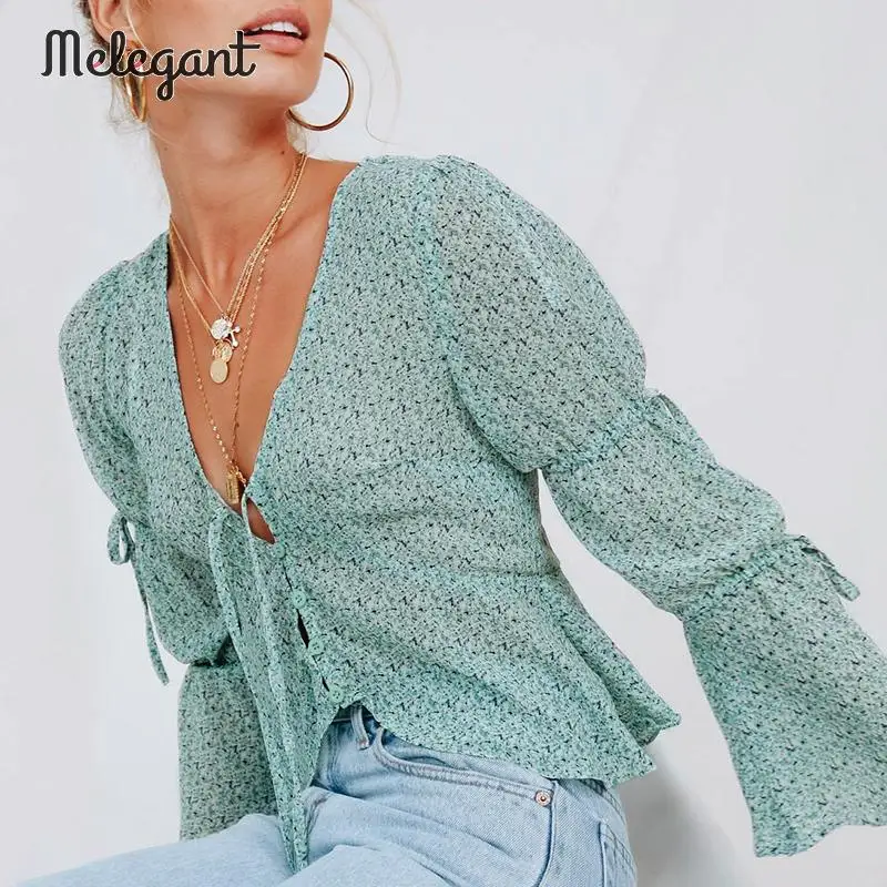 

Melegant 2019 Summer Casual Lace up Tops and Blouse Bell Sleeves Chiffon Vintage Green Floral Print Women Shirt Chic Blusa