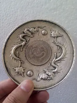 

Exquisite Chinese Collectible Decorate Old Tibetan Silver double dragon ball Coin Plate