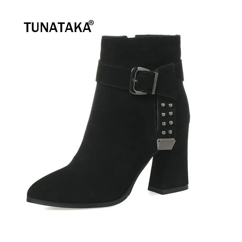 

Suede Hoof High Heel Buckle Woman Ankle Boots Fashion Pointed Toe Side Zipper Ldaies Boots Black Amry Green