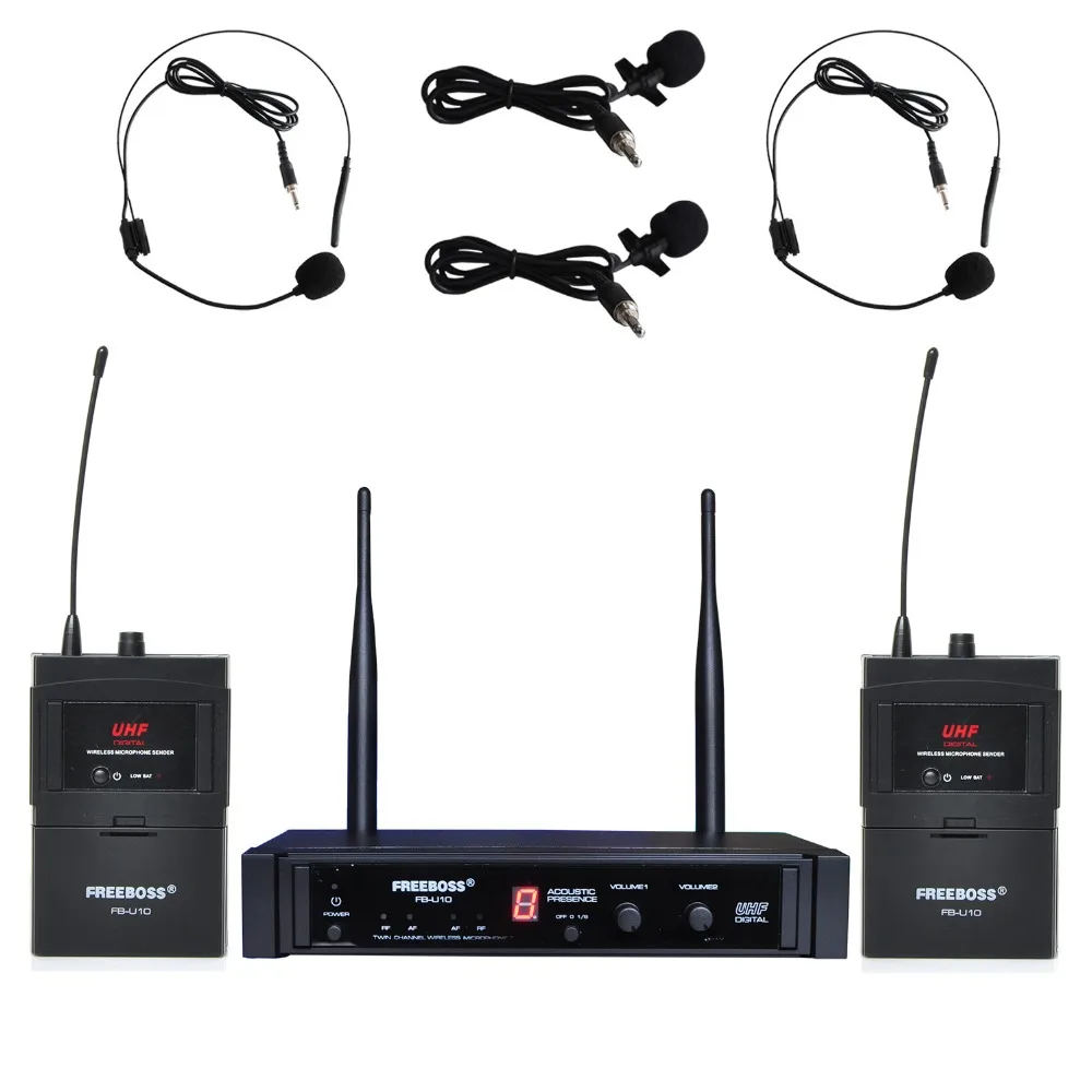 

Freeboss FB-U10H2 Dual Way Digital UHF Wireless Microphone with 2 Lapel 2 Headset microphone 2 Bodypack Transmitter