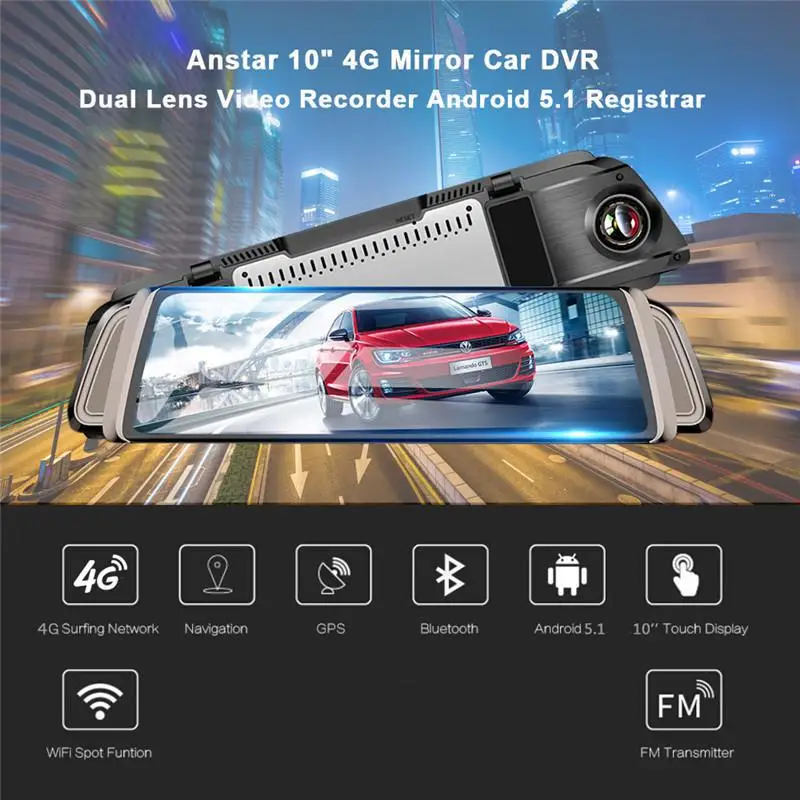 10-дюймовая шпилька полный Экран Touch 4G Зеркало заднего вида Автомобильный регистратор HD Ночное видение, Wi-Fi, gps ADAS Двойной объектив Регистраторы с навигацией