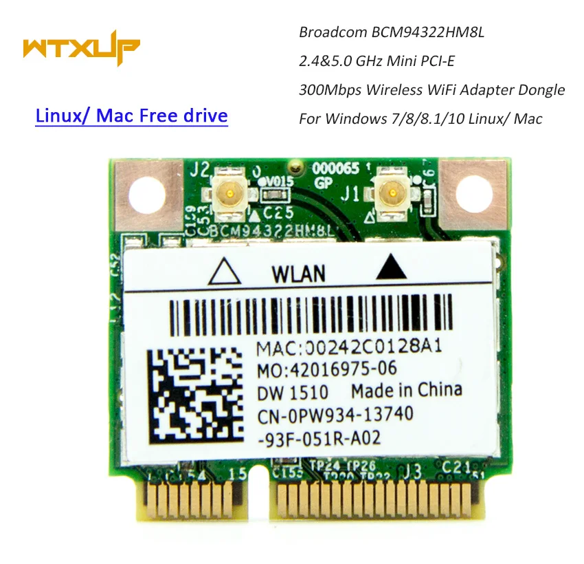 Broadcom BCM94322HM8L BCM94322 Двухдиапазонная 300 Мбит/с 802.11a/b/g/n DW1510 Mac OS Mini PCIE WiFi беспроводная сетевая карта для hackintosh