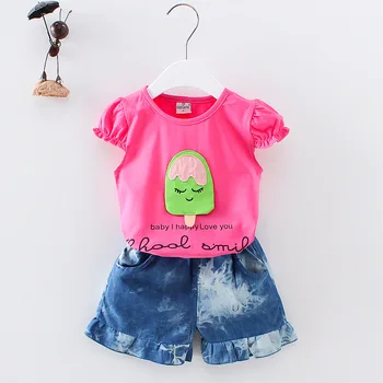 

$ 4.99 Promotions Girls Short Sleeve T-shirt Shorts Kids Cute Cartoon Tops Denim Shorts Set Summer Baby Clothes 0-4 Years