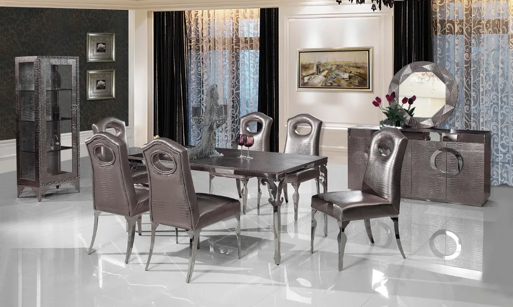 stainless steel Dinning table with dining room set with 6 chairs, leather wine cabinet,leather dining sideboard,mirror # CT107