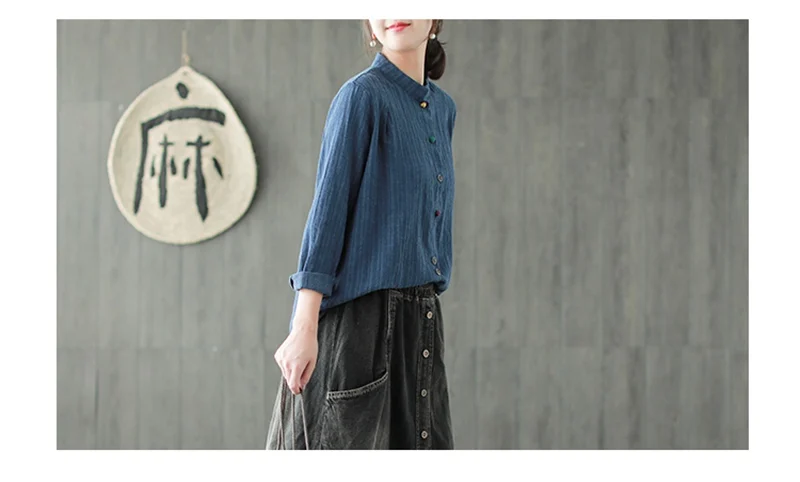 Mferlier Women Blouse Stand Collar Long Sleeve Panelled Colorful Buttons Cotton Linen Artsy Ladies Autumn Blouse