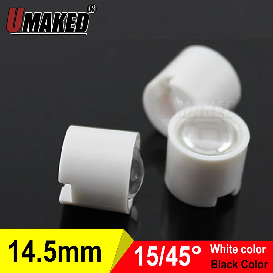 

High Quality led lenses 14.5mm Smooth Face 30/45 Degree LED Lens For 1W 3W 5W led light chip white/Black Holder