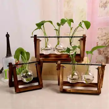 

Economical 1pc Glass Flower Pot Transparent Plant Terrarium Glass Vase with Wooden Stand for Home Decoration ds99