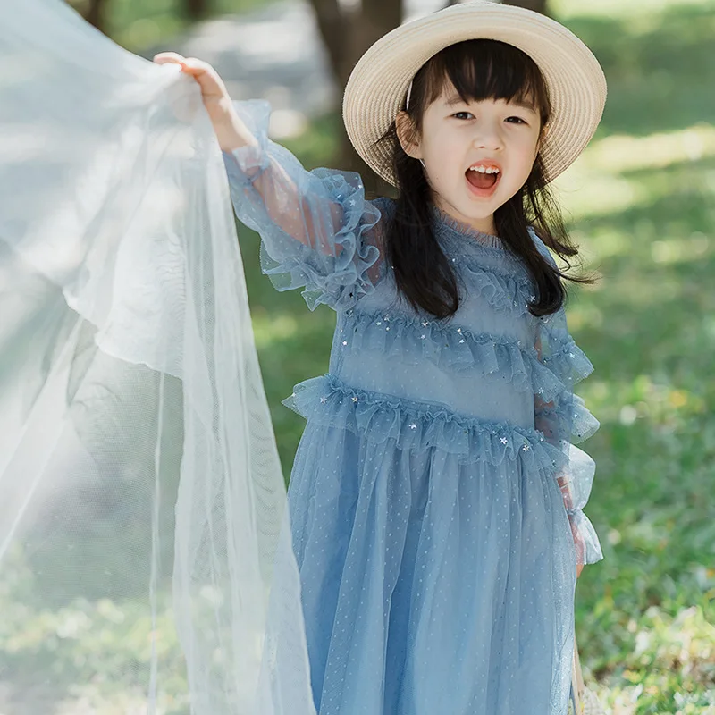 

2019 Baby Girls Dress for Spring Summer Fairy Tulle Star Mesh Ruffles Blue Dress Princess Dress Children Elegant Boutique Dress