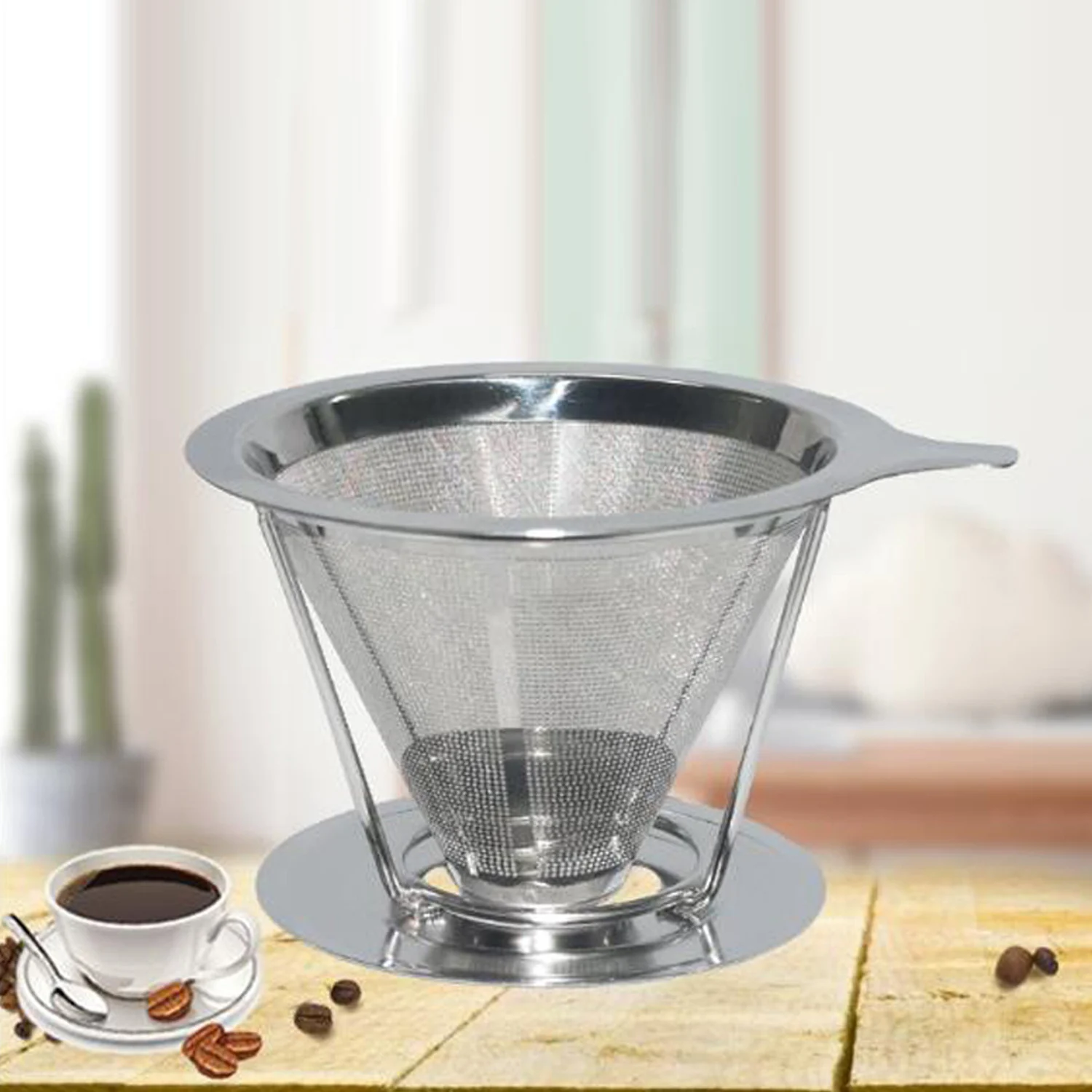 

Behogar Reusable Double-layer Stainless Steel Pour Over Coffee Filter Funnel with Bracket for Home Office Apartment Size L