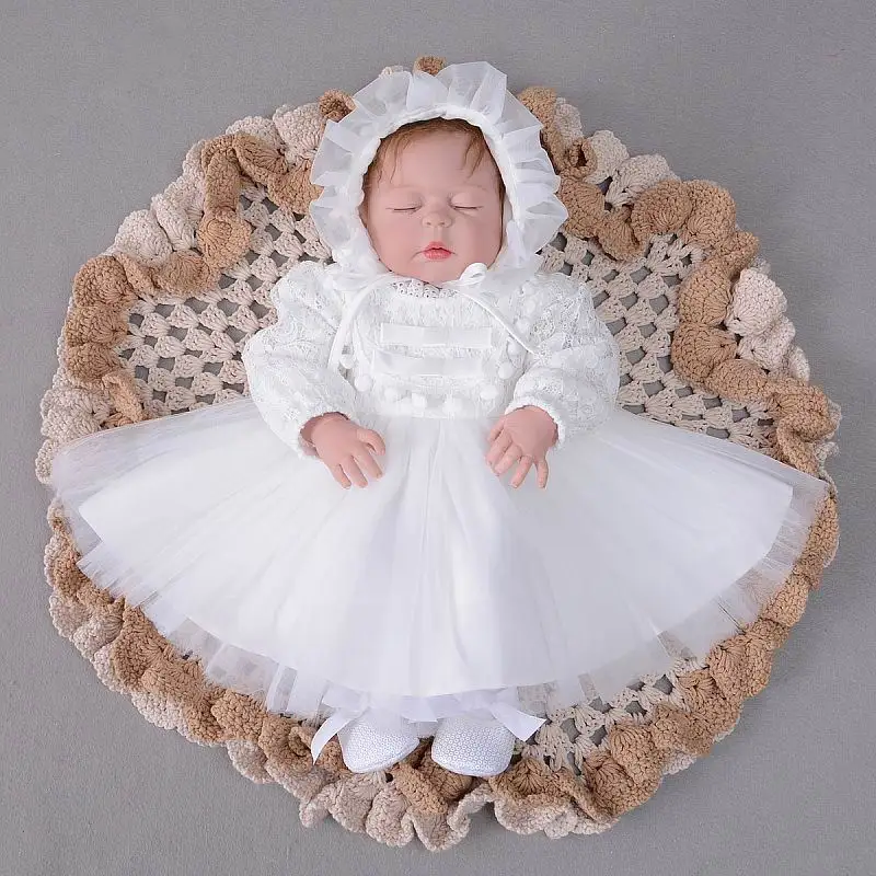 

Autumn New Baby Girl Christening Gown First Birthday Baptism Long Sleeve Pom Pom Lace Princess Dress +Hat E213