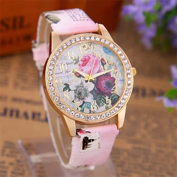 

MINHIN Luxury Women Rhinestone Gold Plated Watches Bohemia Flowers Leather Band Bracelet Watch Top Brand Quartz Wristwatches
