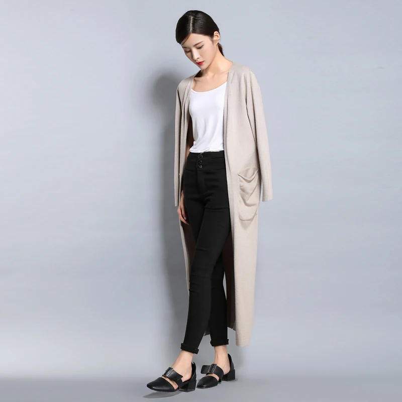 Autumn And Spring Fashion Women Long Sweater Cardigans New Solid Color V-Neck Full Sleeve Outerwear Flat Knitted Female Clothes
