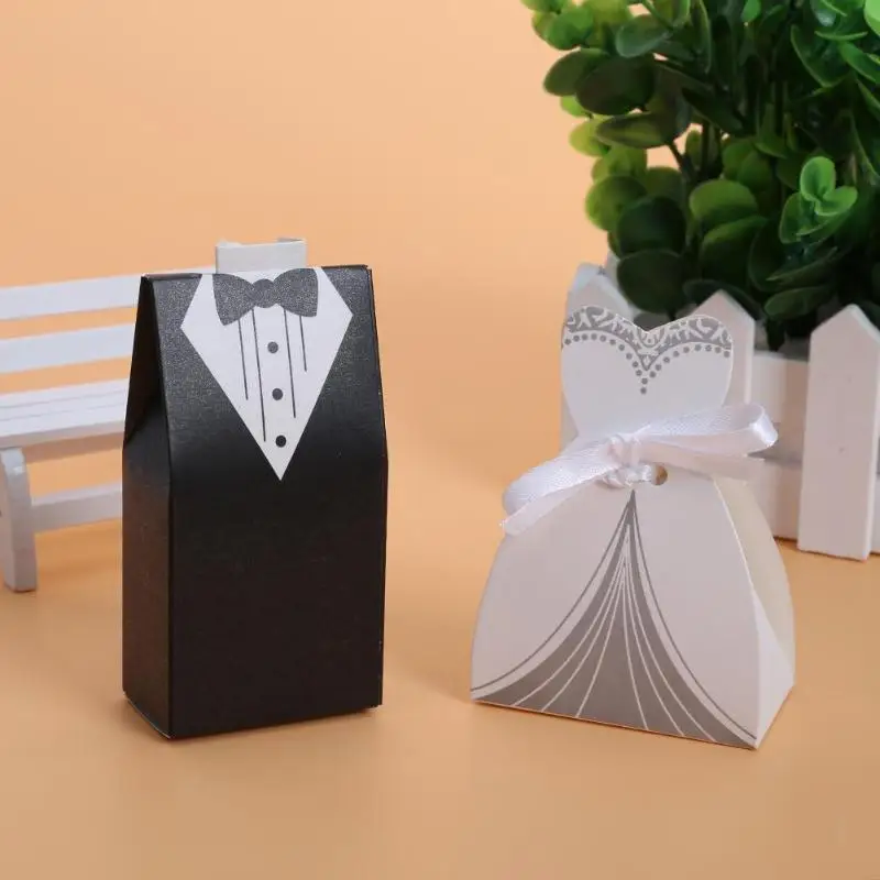 

100pcs/lots Bride And Groom Dresses Wedding Candy Box Gifts Handmade Favor Box Wedding Bonbonniere DIY Event Party Supplies