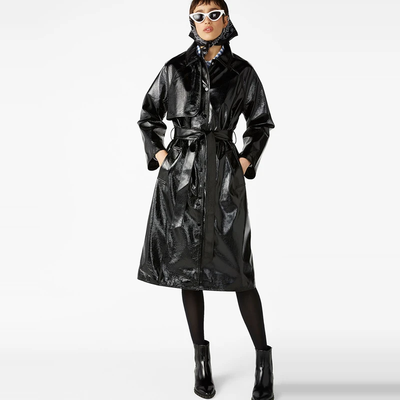 Black lapel collar single breasted long faux leather trench coats for women ladies autumn winter belted mid-calf PU outwear tops