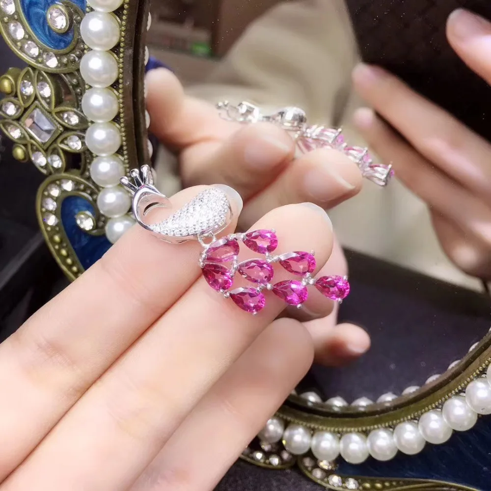 Натуральный розовый топаз ожерелье кулон S925 Серебряный натуральный драгоценный камень кулон Модная элегантная для девочек расцветки «Павлин»; женские вечерние, подарок, ювелирное изделие