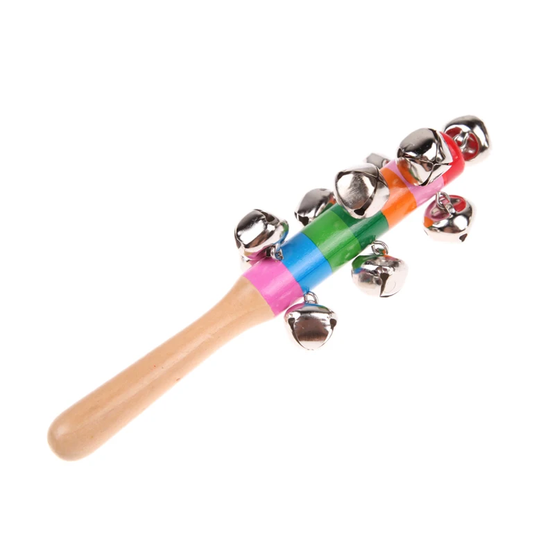 Cute Wooden Rainbow Baby Handbell Rattle Rod Toy Mini Bells Fun Handle