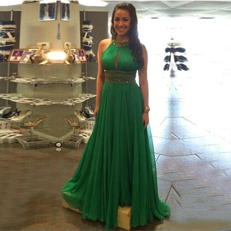 

New Style Green Chiffon Prom Dresses Crystal Beaded A Line Halter Sleeveless Pleat Floor Length Court Train Long Evening Dresses