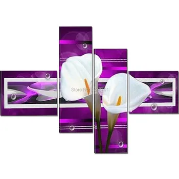 

Hand Painted Modern Abstract 4 Pieces Flower Oil Painting Canvas Purple Flower Wall Picture Living Room Bedroom Home Wall Decor