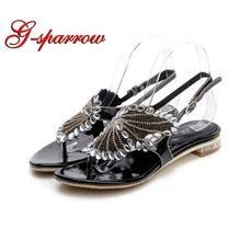 2018 Mais Novo Designer GS-L029 Toepost Sandálias Flat Mulheres de Volta Cinta Verão Sandália Glitter Preto Rhinestone Prom Party Flats