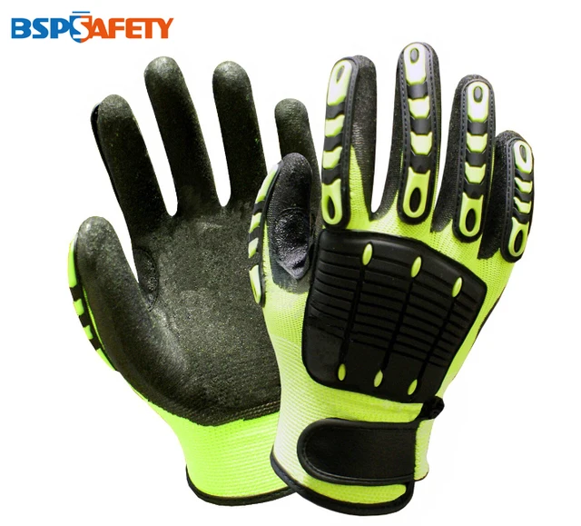 Fluorescent Yellow Nylon Shock Absorbing Mechanics Safety Glove Anti
