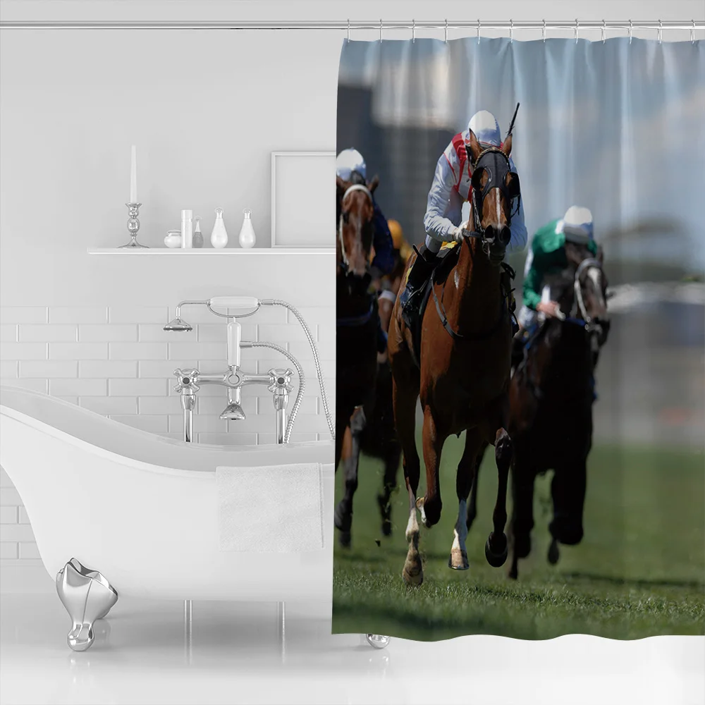 OURHouse سباق الرياضة الحصان سباق دش الستار الحمام النسيج أطقم حمام أطفال فريد الفتيات فندق القماش خواتم لطيف
