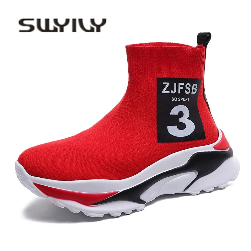SWYIVY Womens Sock Boots Knitting Breathable 2018 Female Casual Shoes High Top Autumn New Lady Leisure Ankle Boots Shoes Red