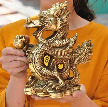

wedding decoration 8.8" Chinese Feng Shui brass wealth coin Zodiac animal Dragon Loong statue