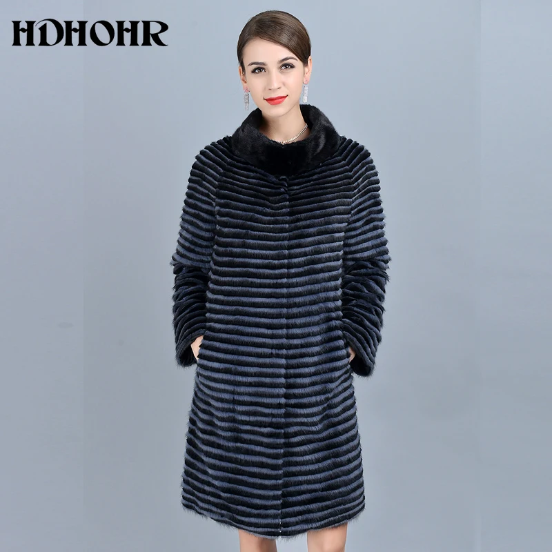 HDHOHR, новинка, женская шуба из натурального меха норки с подкладкой, двухсторонняя куртка, теплая, натуральная кожа, в полоску, Длинные куртки для женщин
