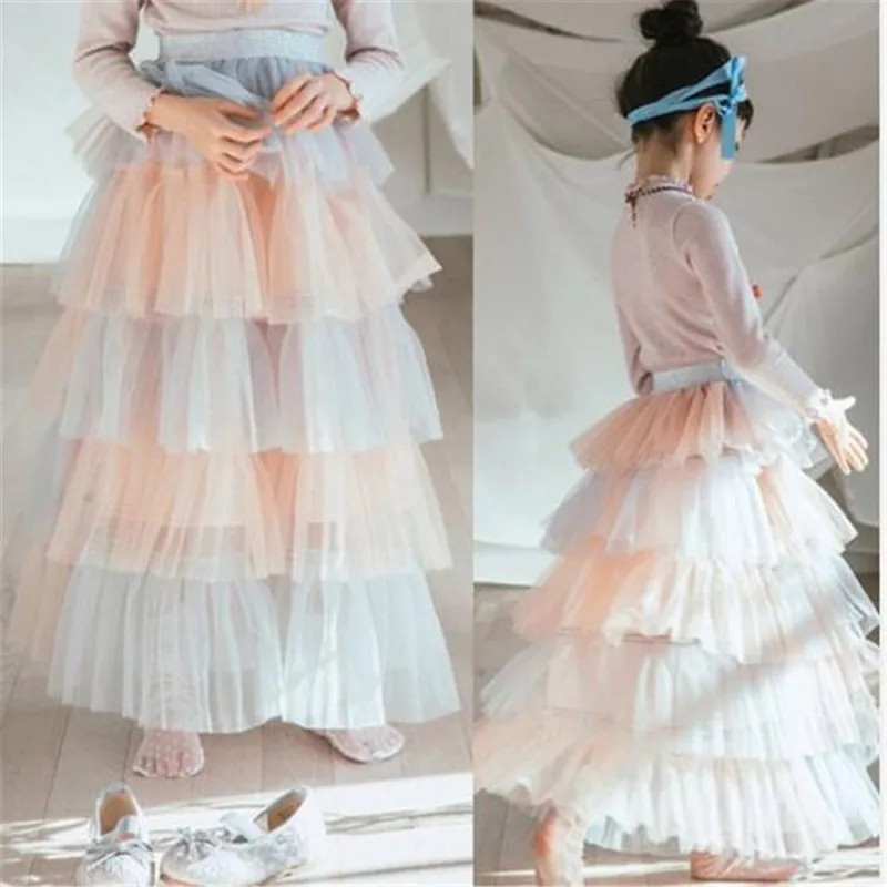 

2018 Spring Summer Teenage Girl Skirts Tiered Gauze Fluffy Skirts Patchwork Color Fashion Cake Skirts For Children Clothing