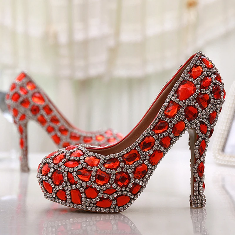 Handmade Glitter Red Crystal Gems Bridal font b Shoes b font Bling Rhinestone font b Party