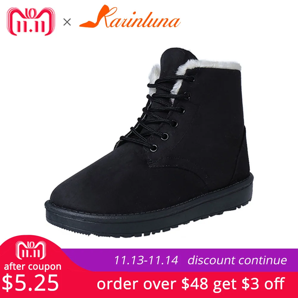 

KARINLUNA Hot Women's Boots Lace Up Flat With Winter Snow Boots Women Fur Ankle female boot Winter Women Shoes Black