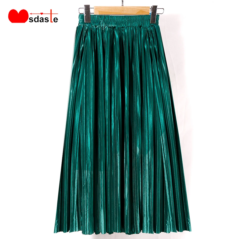 

Pleated Skirt New Fashion 2019 Autumn Winter Elastic High Waist Female Casual Lady Bottom Maxi Metallic Silver Midi Women Skirts