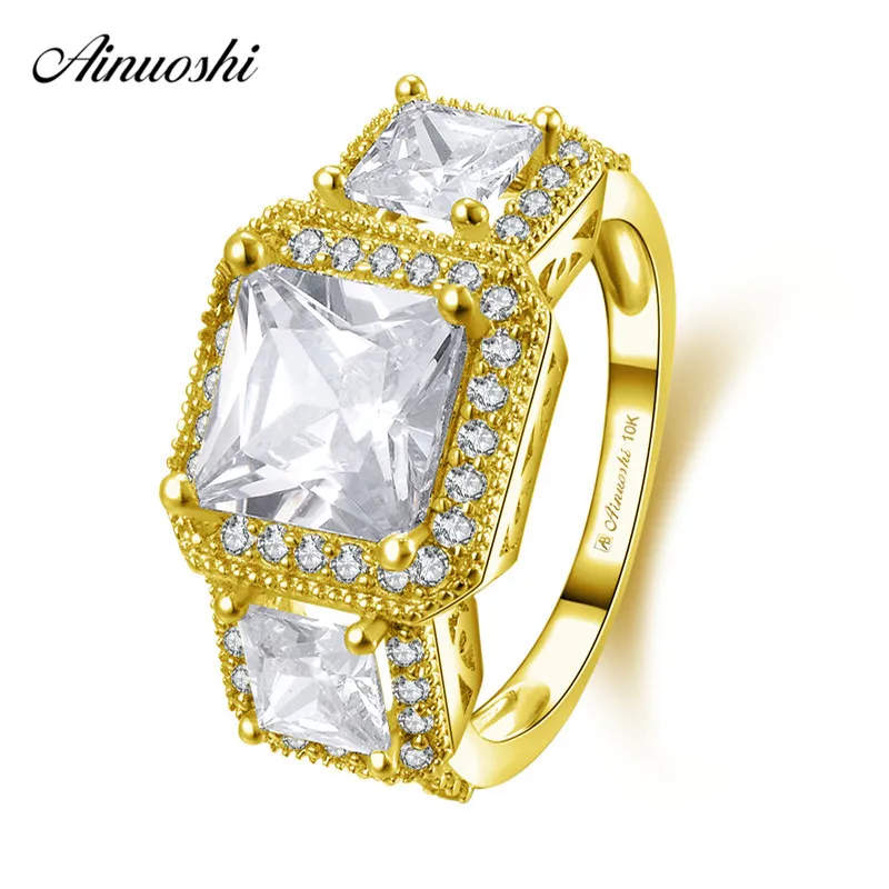 

AINUOSHI 14K Solid Yellow Gold 3 Stone Square Ring 1.6 CT Princess Cut SONA Diamond Engagement Luxury Wide Band Halo Ring