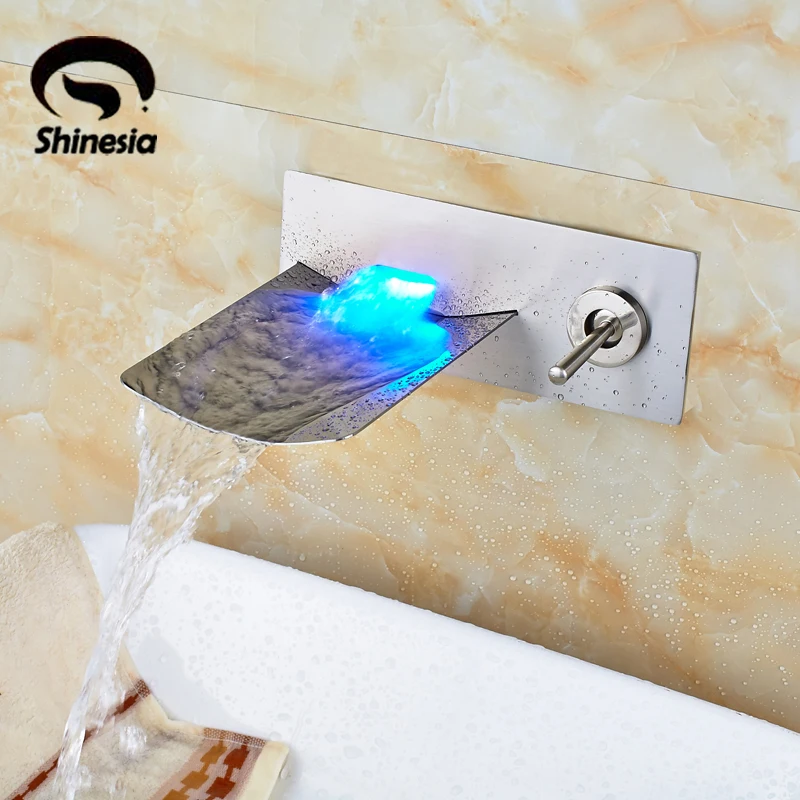 Nickel Brushed Wall Mounted Solid Brass Bathroom Sink/Tub Faucet LED Waterfall Spout Mixer Tap цена Nickel Brushed Wall Mounted Solid Brass Bathroom Sink/Tub Faucet LED Waterfall Spout Mixer Tap цены онлайн