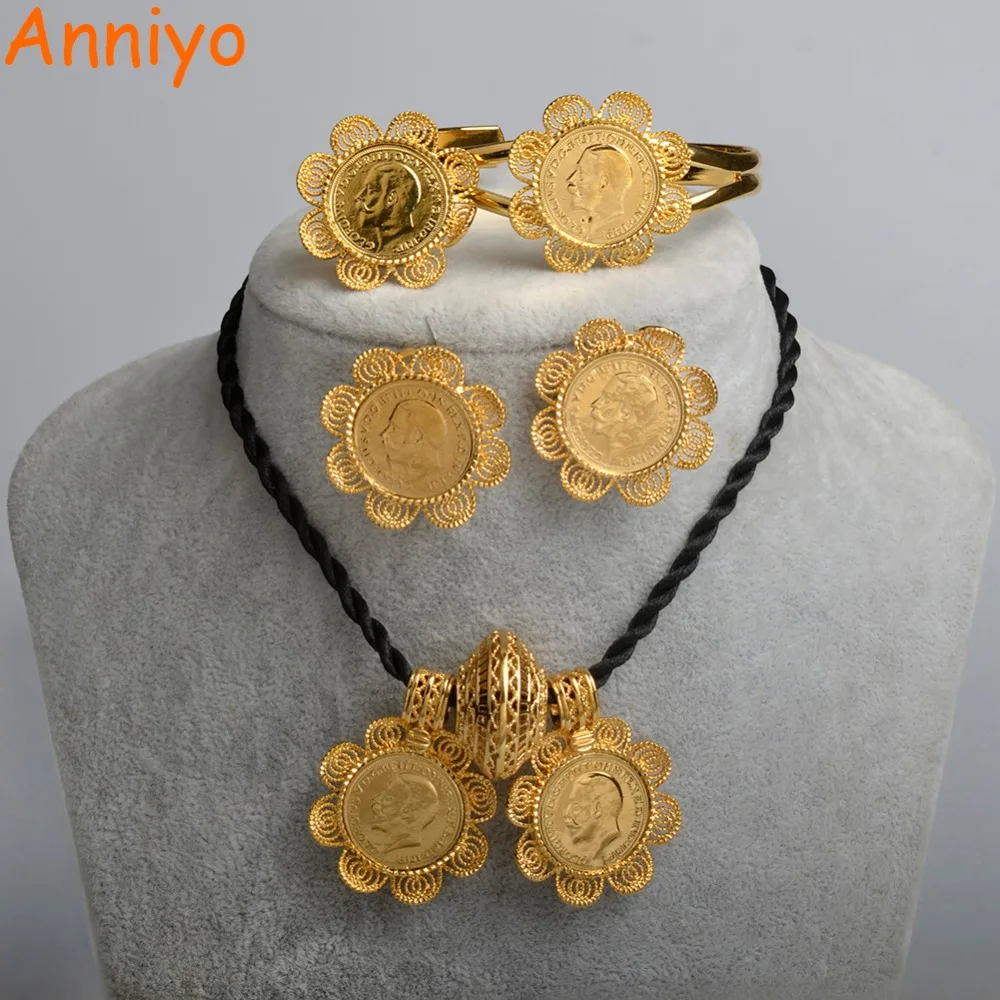 

Anniyo Ethiopian Coin Jewelry set Pendant Rope/Earrings/Bangle/Ring Set Gold Color Habesha Jewelry sets,Africa Wedding #051102