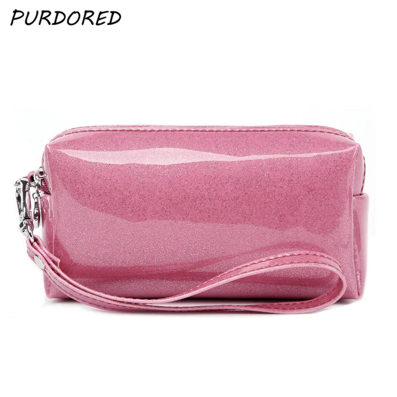 PURDORED 1 pc 2 Layers Solid Cosmetic Bag Patent Leather