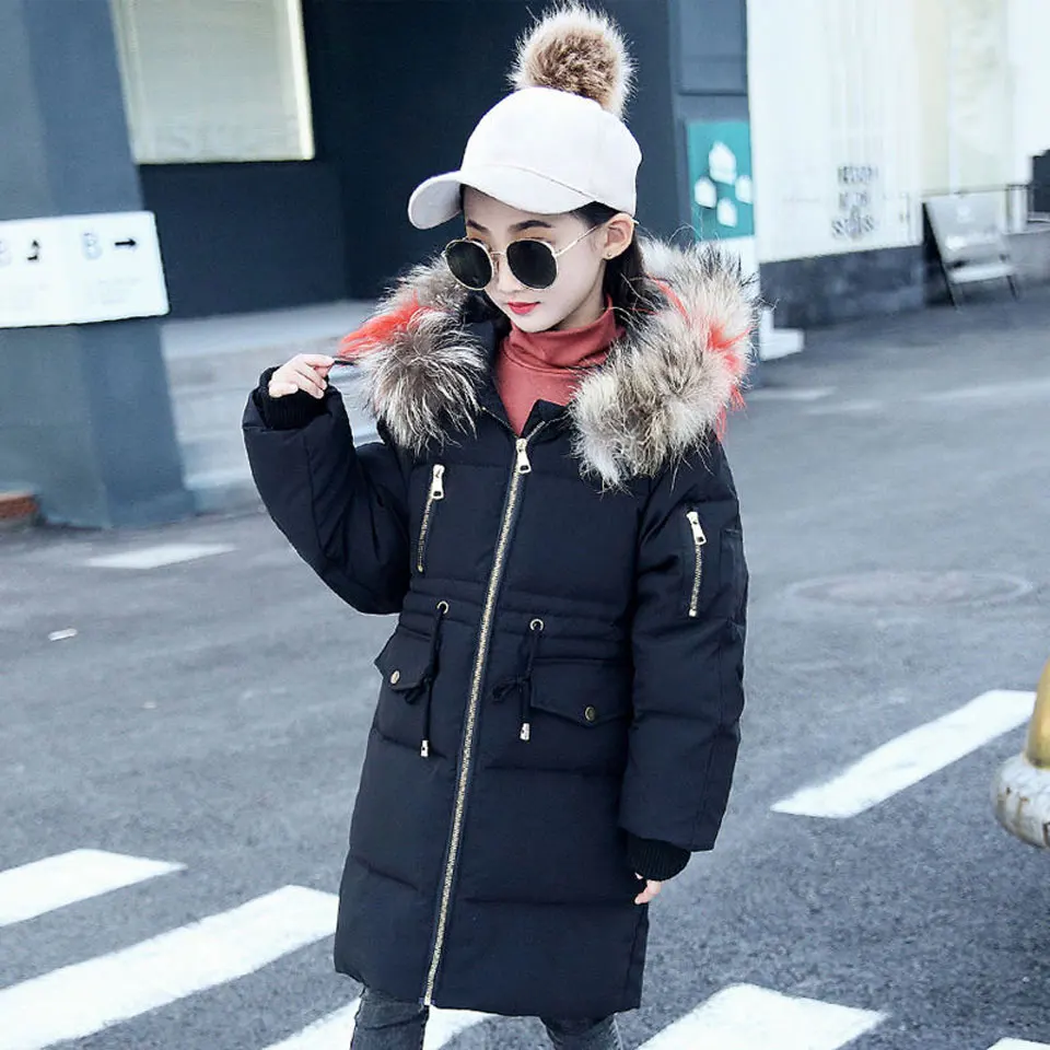 

Girls Down Jacket 2018 New Winter Children Thicken Hooded Natural Fur Collar Coat Outerwear Overcoat Clothes 4-14 Years