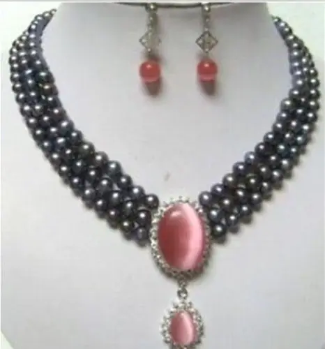

fast shipping>Oval Red Opal Pendant Black Freshwater Pearl 3 Rows Necklace Earring Set