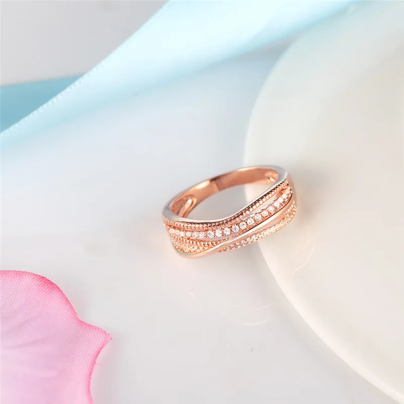 

ROMAD Rose Gold Twist Rings for Women Elegant Multi Layer Finger Rings Size 9 Full Crystal Rings Female Party Charms Jewelry R4