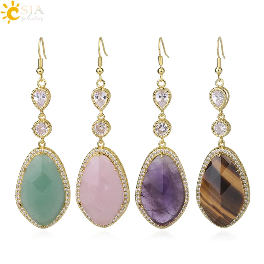 

CSJA Multifaceted Natural Stone Dangle Earrings Zircon Drop Earring Gold Color Fashion Ear Jewelry for Women Party Wedding F986