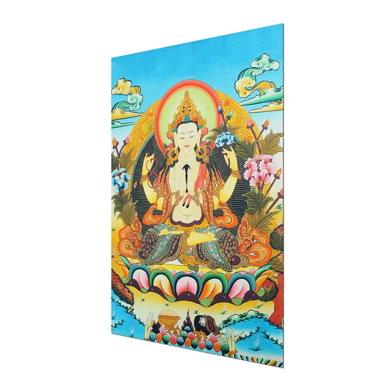 3" тибетская шелковая ткань вышивка 4 руки Chenrezig Будда богиня Бодхисаттва Thangka Thanka декоративная висячая картина