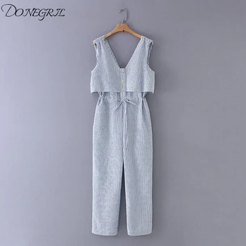 

2019 spring Europe and the United States deep V women's new vest button striped jumpsuit women