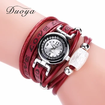 

Fashion Duoya Brand Female Bracelet Watch LOVE Letter PU Strap Brand Circle Inlaid Diamond Women Quarts Watchwrist