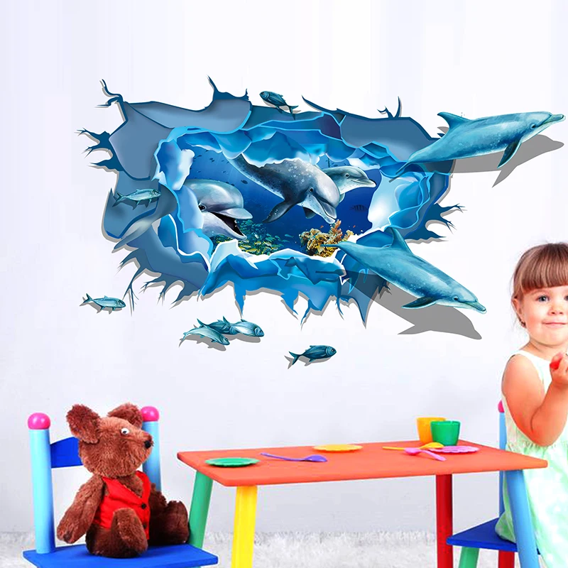 Океан 3D дельфины трещины стены искусства стикеры Наклейка виниловая Фреска Дети ванная комната Декор