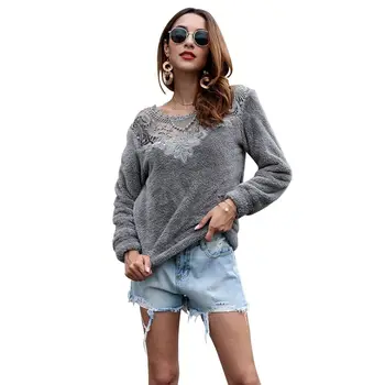 

2019 high street lace patchwork woman tops fashion pullover O-neck female Cotton Blend fleece hoodies sweatshirt