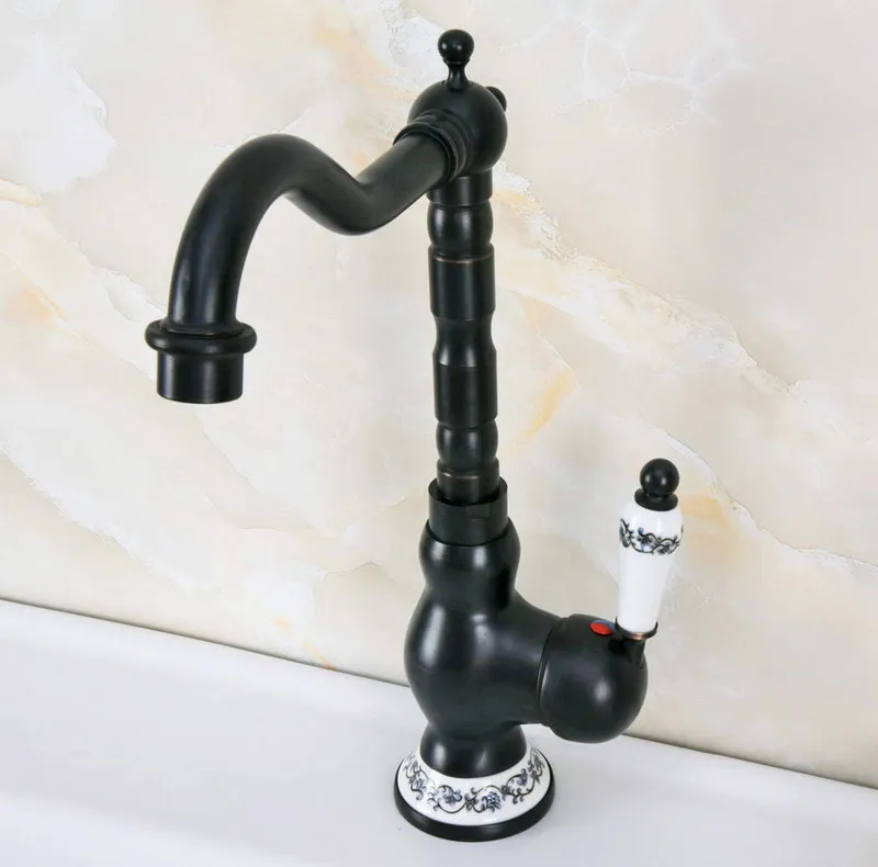 Black Oil Rubbed Bronze Ceramic Base Kitchen Wet Bar Bathroom Vessel Sink Faucet Single Hole Swivel Spout Mixer Tap anf657