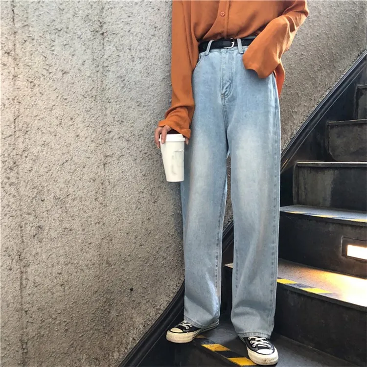 

Women Wide Leg All-Match Simple Full-Length Wide Leg Jean Loose Summer New Leisure Retro High Waist Pockets Casual Jean