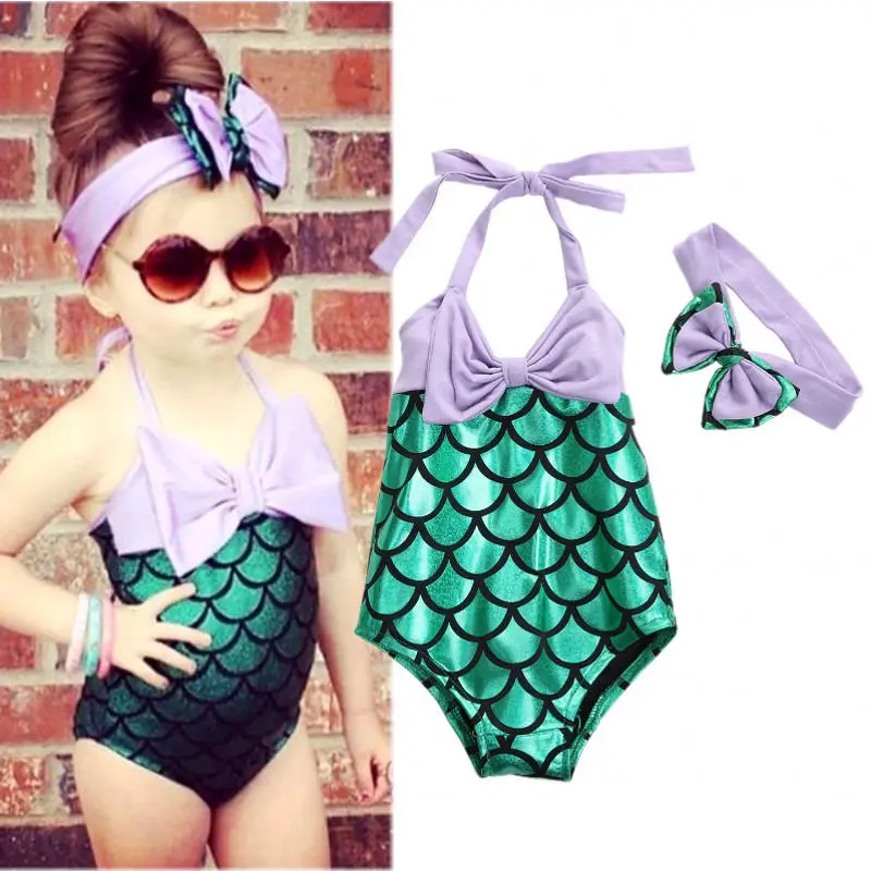 

Cute Girls Kids Mermaid Swimmable Bikini Swimwear Swimsuit Swimming Headband Costume toddler girl clothes bikini