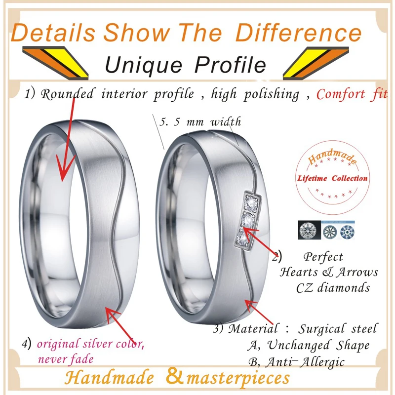 Unique jewelry alliance mens women rings silver color wedding band set white gold color couple rings pair bijoux (6)