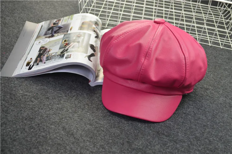 Качественные кожаные береты, шапки из искусственной кожи, женские береты для женщин, женская шапка на каждый день, одноцветная шапка - Цвет: rose